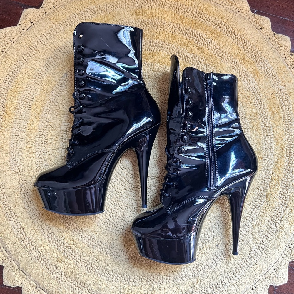 Pleaser Black Patent High-Heeled Boots